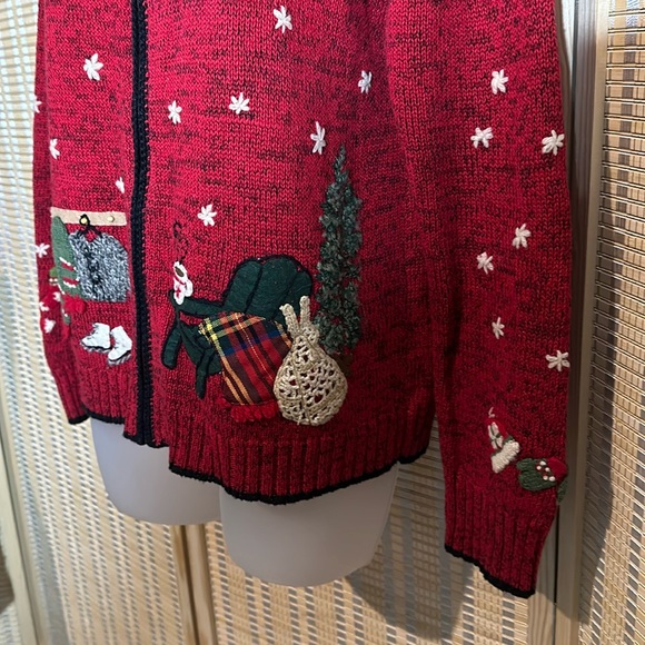 Coldwater Creek Red Knit Ugly Holiday Sweater Cardigan Winter Activities Medium - Picture 5 of 16